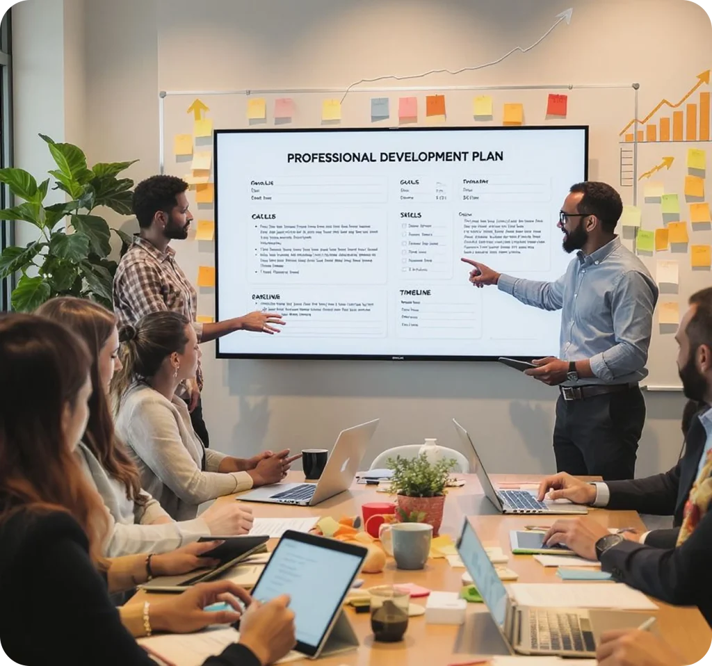 Digital marketing team meeting in a modern office reviewing a professional development plan on a large screen, with charts, goals, skills, and timelines discussed collaboratively using laptops and tablets.