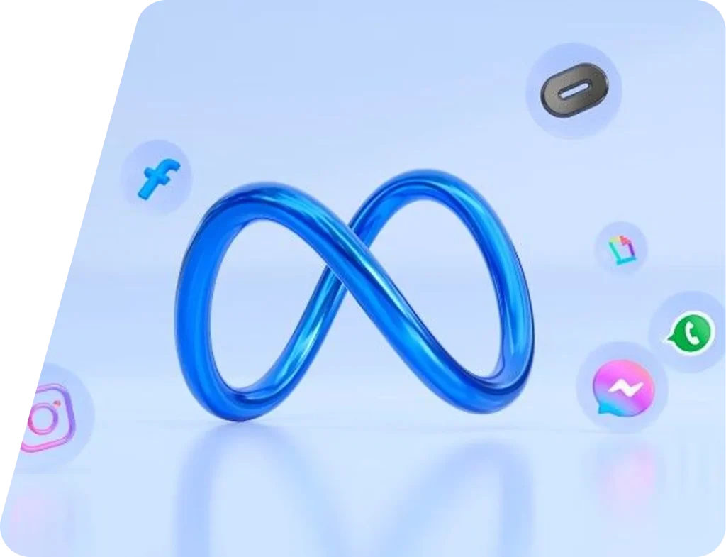 Abstract Meta infinity logo rendered in glossy blue, surrounded by floating social media and messaging app icons on a light background, representing digital connectivity and online platforms