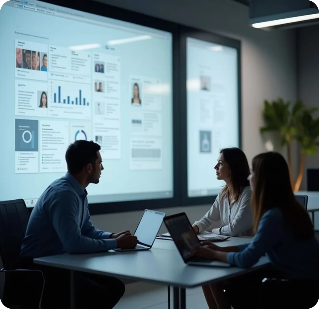 A small team meeting in a modern conference room, with three professionals sitting at a table using laptops while discussing data and user profiles displayed on large digital screens showing dashboards, charts, and analytics in the background.