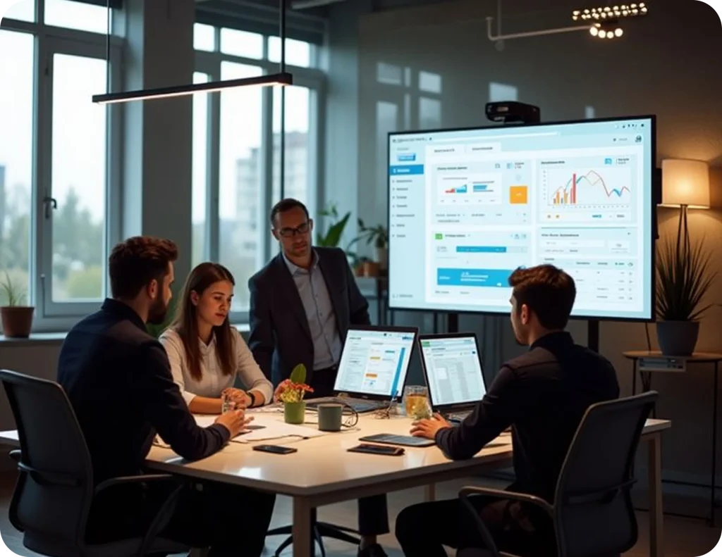A group of five professionals collaborating in a modern office meeting room, seated around a table with laptops while reviewing business dashboards and performance charts displayed on a large digital screen, led by a standing manager explaining analytics and trends.
