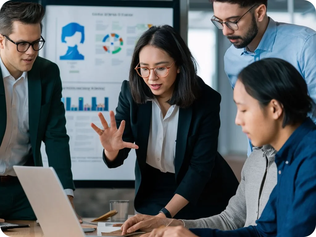 A diverse team of professionals collaborating around a laptop in a modern office, with a female team lead explaining insights using hand gestures while others review data dashboards and charts displayed on a screen behind them.
