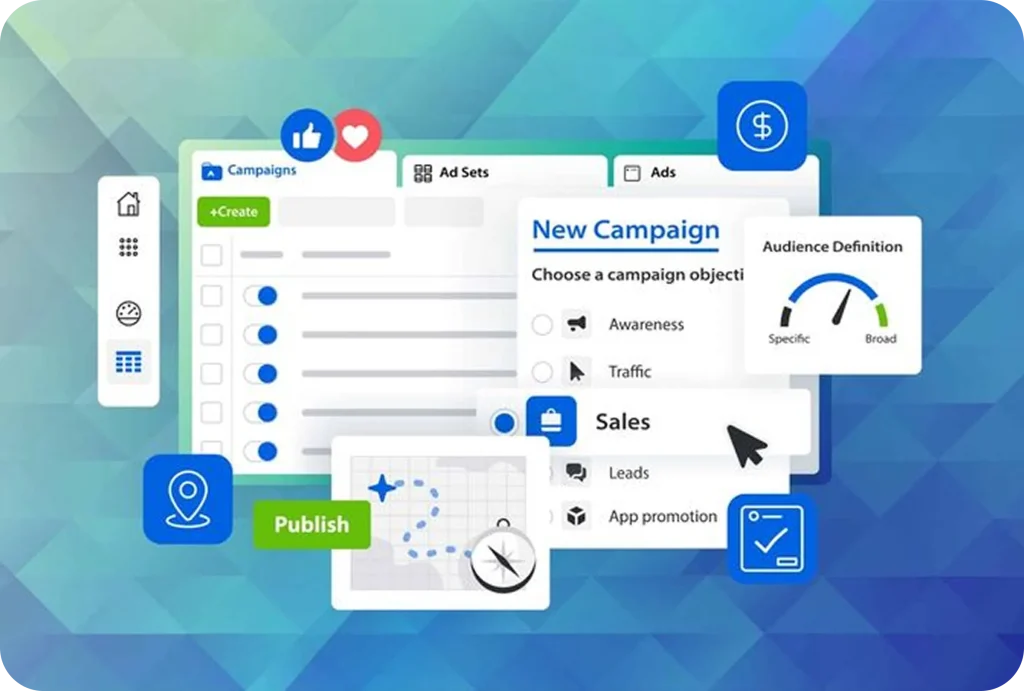 Digital advertising campaign management interface illustrating campaign creation, audience targeting, ad objectives, and performance controls for online marketing platforms