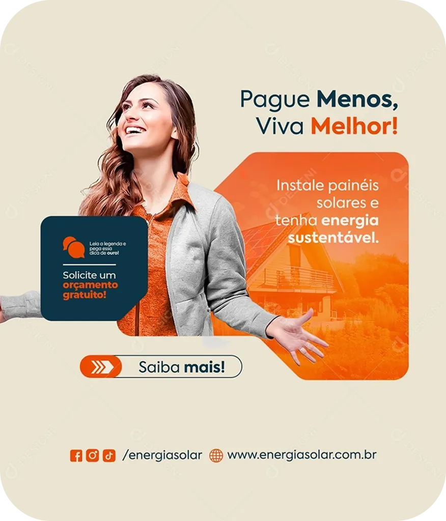 Promotional banner for a solar energy company featuring a smiling woman and Portuguese text encouraging customers to install solar panels, save money, and request a free quote for sustainable energy solutions