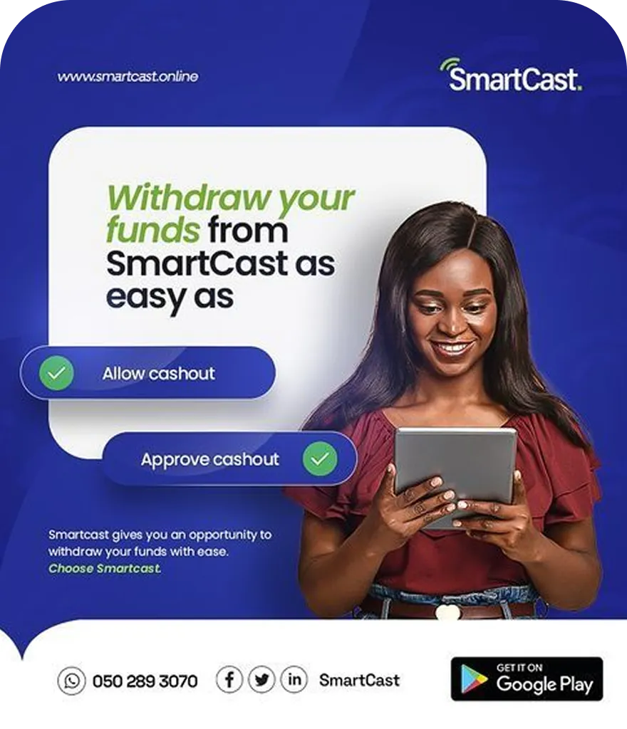 Promotional graphic for SmartCast showing a smiling woman using a tablet, highlighting easy fund withdrawal with cashout approval features, brand logo, website, contact details, and Google Play app download call-to-action