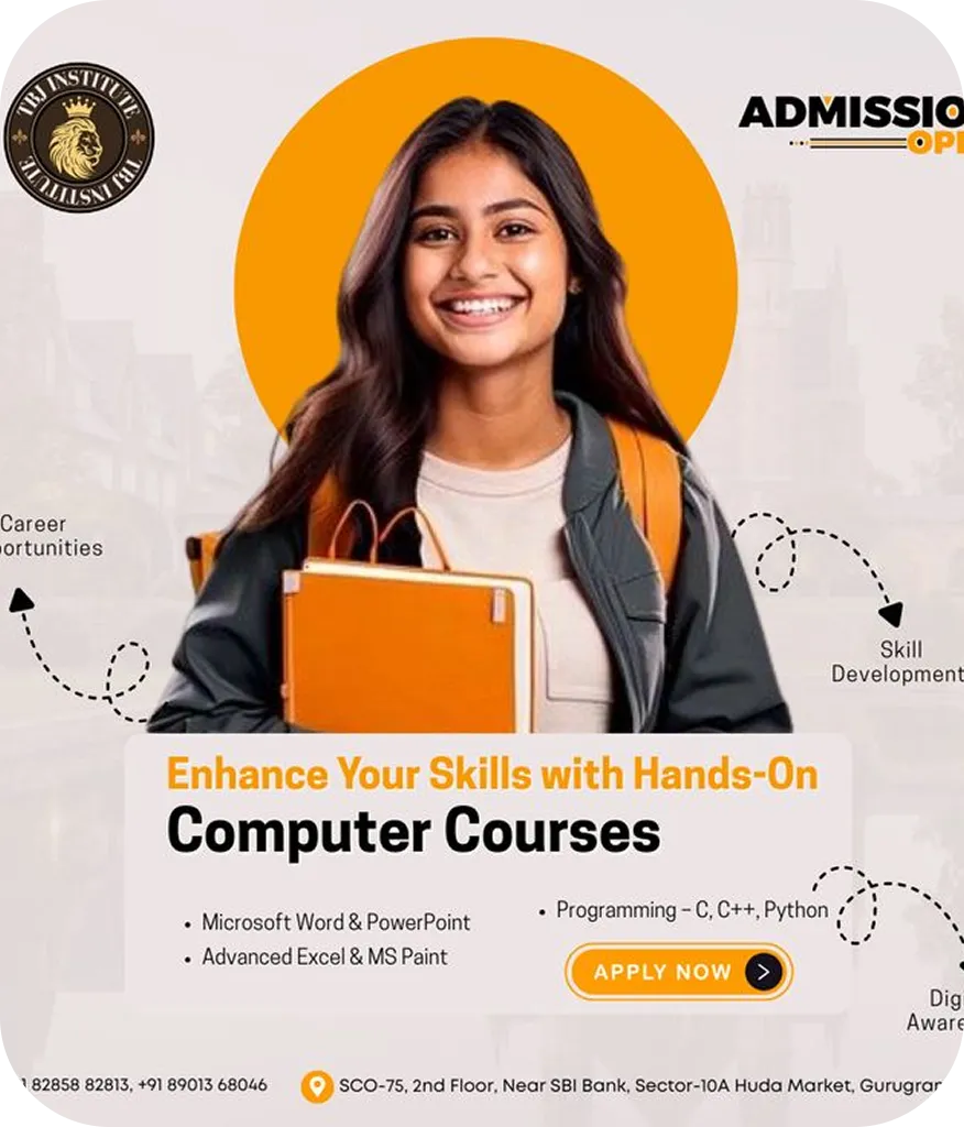 Educational admission poster featuring a smiling female student holding books, promoting hands-on computer courses including programming and office software, with apply now call-to-action and institute branding