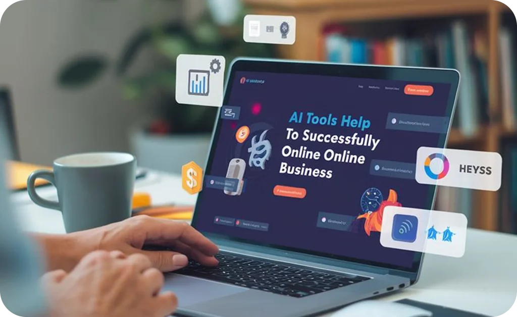 Person working on a laptop displaying an AI business tools website, with floating analytics, finance, and productivity icons representing artificial intelligence solutions for online business growth