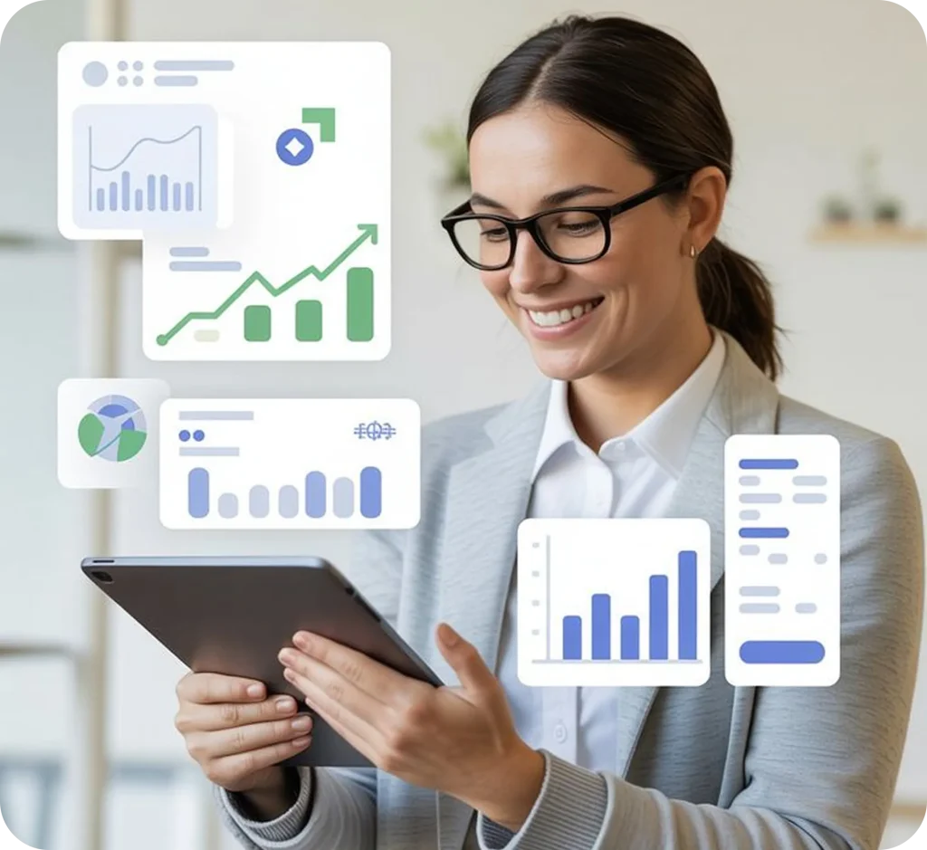 Businesswoman analyzing performance data on a tablet, with floating charts and analytics dashboards illustrating business growth, reporting, and data-driven decision making