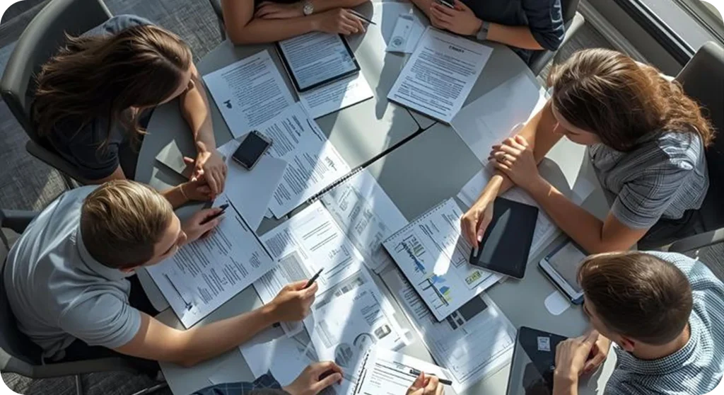 Overhead view of a business team collaborating around a conference table, reviewing documents, reports, and tablets during a strategic planning meeting in a modern office setting