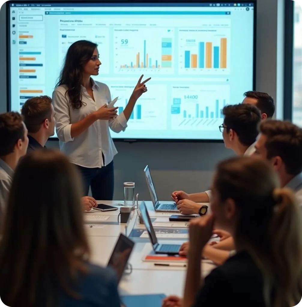 Digital marketing strategy meeting with a presenter analyzing performance dashboards and campaign analytics on a large screen, illustrating data-driven marketing services and team collaboration