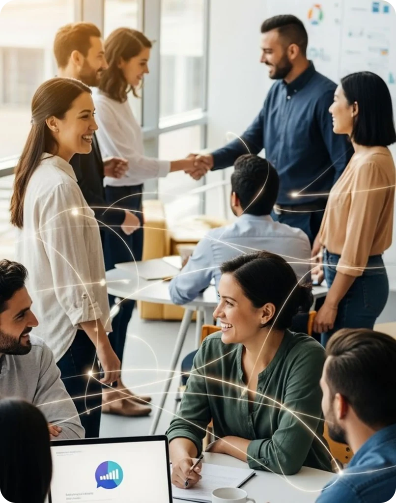 Collaborative business team networking in a modern office, with professionals discussing ideas, shaking hands, and building connections to support growth and partnership development