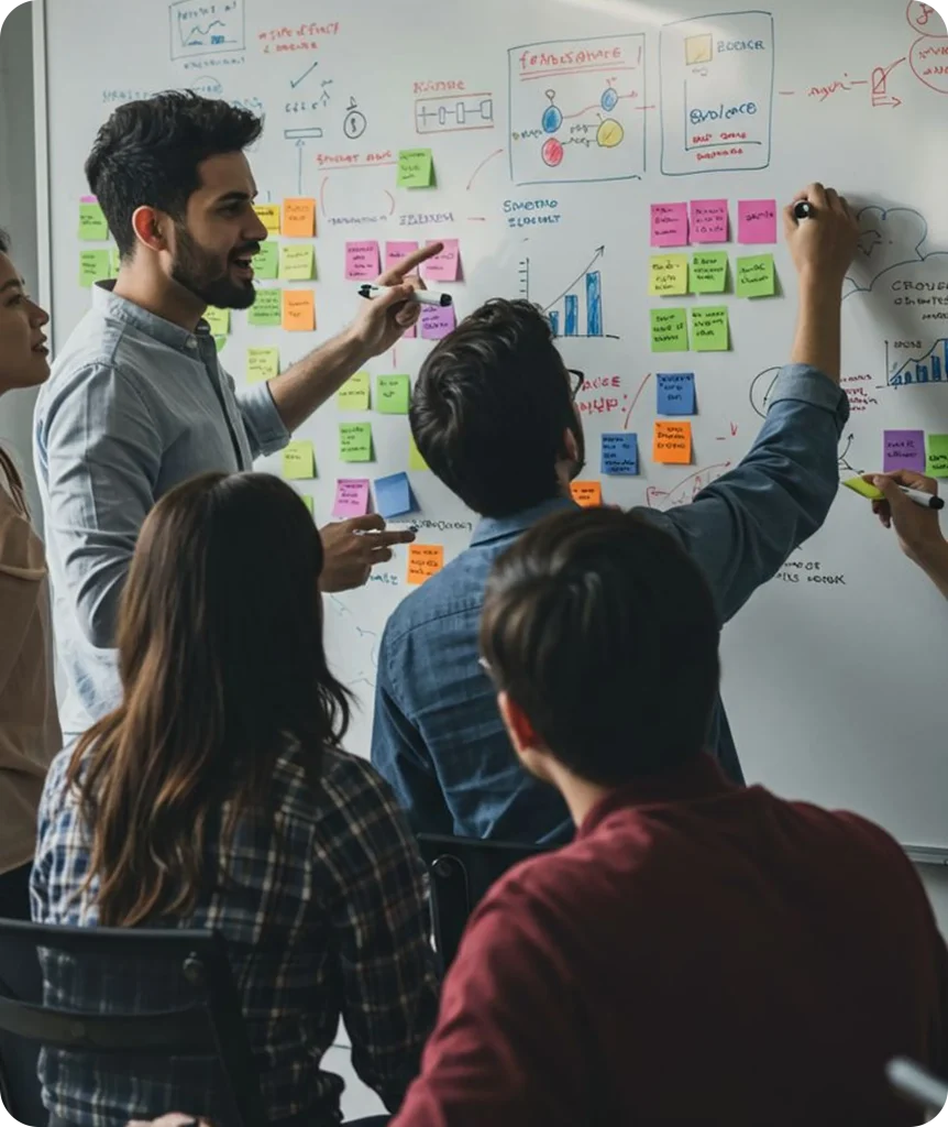 Marketing strategy brainstorming session with a creative team collaborating at a whiteboard, using sticky notes, diagrams, and charts to plan digital marketing campaigns and growth strategies.