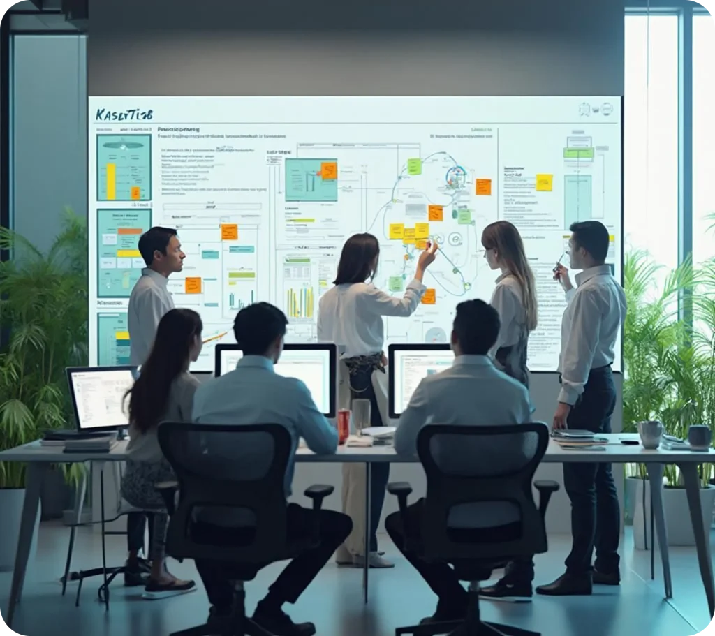 Digital marketing team collaborating in a modern office, analyzing data dashboards, workflows, and performance metrics on a large interactive screen during a strategic planning session.