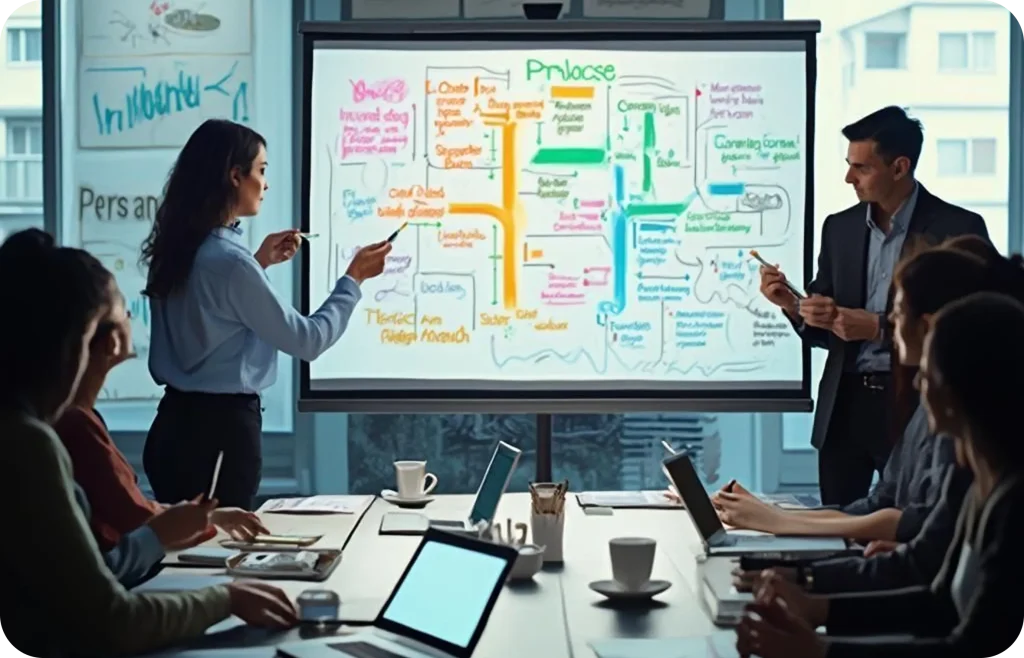 Marketing strategy meeting with a digital team reviewing and presenting a detailed campaign workflow and process map on an interactive whiteboard, focused on planning, optimization, and performance alignment.
