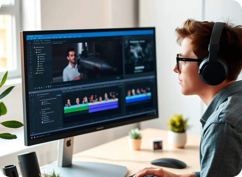 Video editor wearing headphones working at a desktop computer, editing a video timeline with clips and color-coded tracks on professional video editing software, representing content creation, post-production, and digital media workflow.