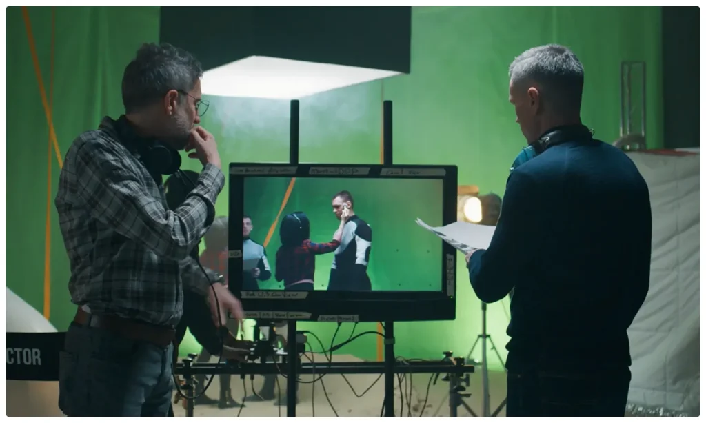 Film production crew reviewing a scene on a monitor in a green screen studio, with a director and crew members analyzing footage, discussing a script, and coordinating actors during a professional video production shoot.