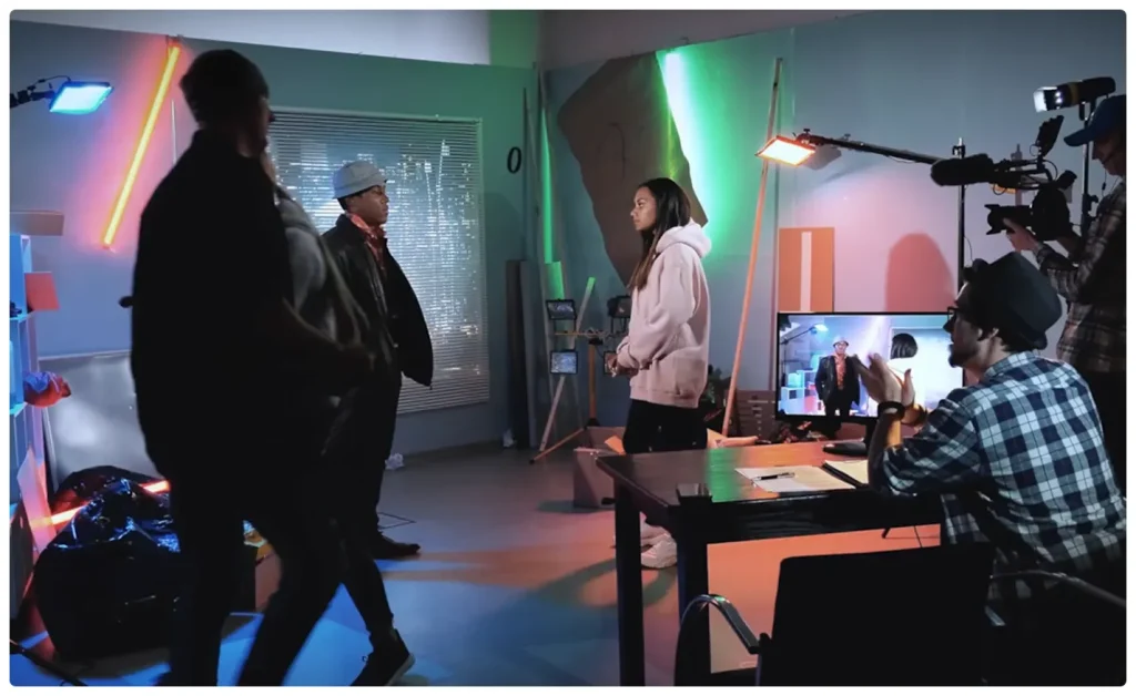 Behind-the-scenes film production set with actors rehearsing a scene under studio lighting, a director reviewing footage on a monitor, and a camera crew recording, representing professional video production, content creation, and creative media workflow.