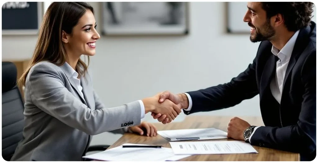 Businesswoman and businessman smiling and shaking hands across a desk during a professional meeting, with documents laid out on the table, symbolizing a successful agreement or partnership.