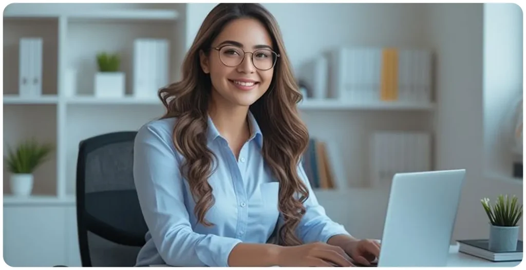 Smiling professional woman wearing glasses and a light blue shirt, seated at a desk and working on a laptop in a modern, bright office with shelves and plants in the background.