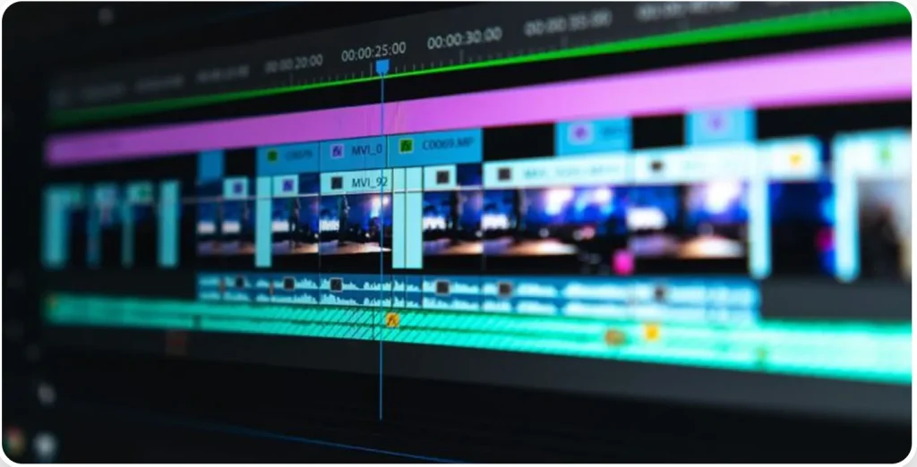 Close-up of a professional video editing timeline on a computer screen, showing multiple layered video and audio tracks with color-coded clips and a playhead positioned mid-sequence, representing post-production and video editing workflow.
