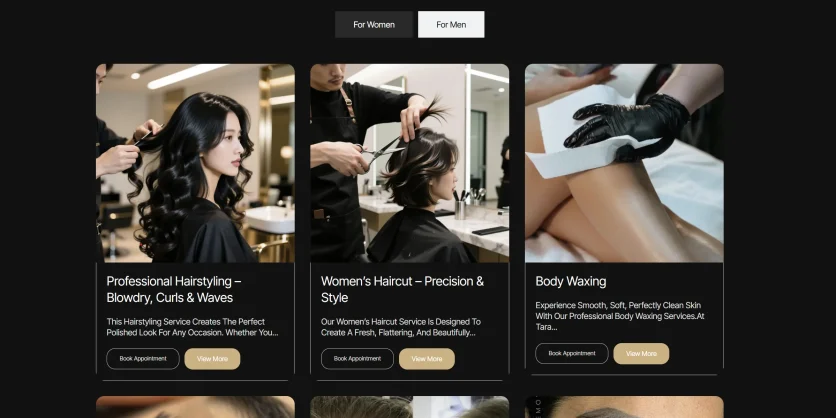Taranika Beauty Studio website design showcasing an elegant, modern beauty homepage layout