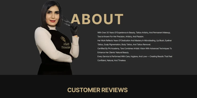 Taranika Beauty Studio website design displaying beautifully structured lash, brow, and facial service pages