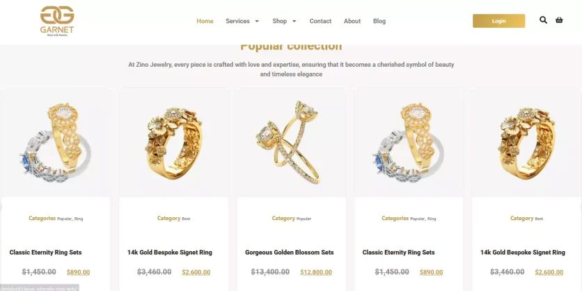 Garnet Jewellery website design homepage