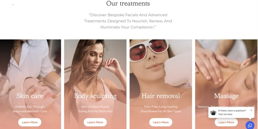 MyBeautySecrets website design displaying structured skincare and beauty treatment service pages
